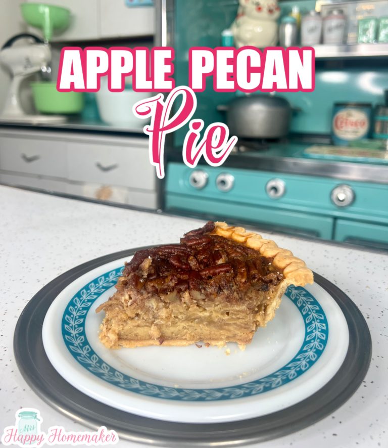 Apple pecan pie slice on a blue rimmed white plate - with a vintage blue stove behind it